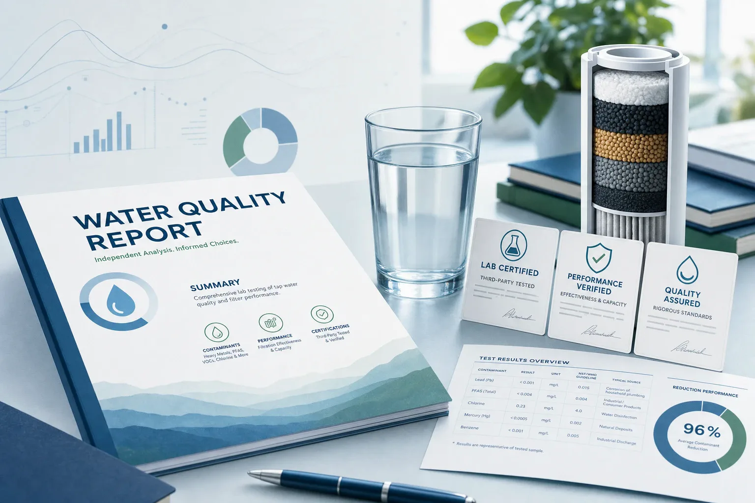 Water quality report, filter cartridge, glass of tap water, and claim receipts on a research desk